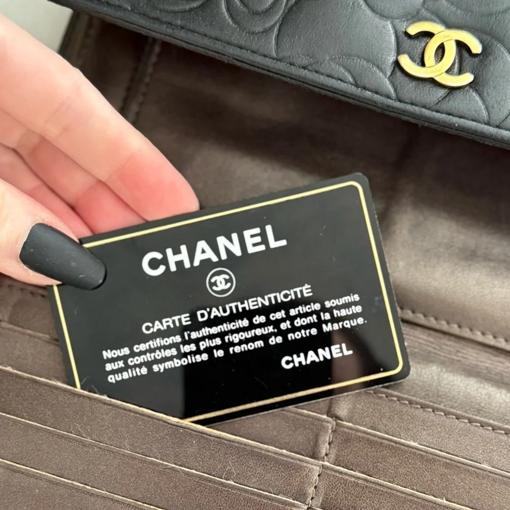 CHANEL Lambskin Embossed Camellia Large Gusset Flap Wallet w/Box, Card and Chain - Picture 9 of 16